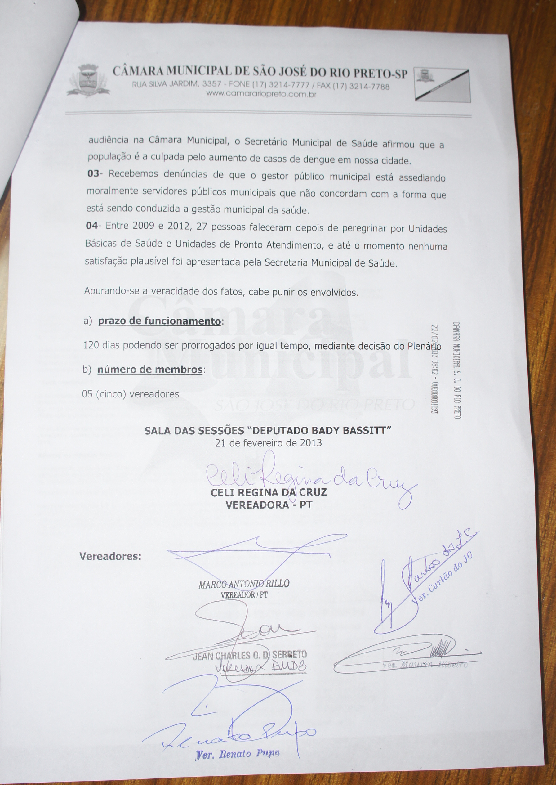 Requerimento protocolizado na Diretoria Legislativa